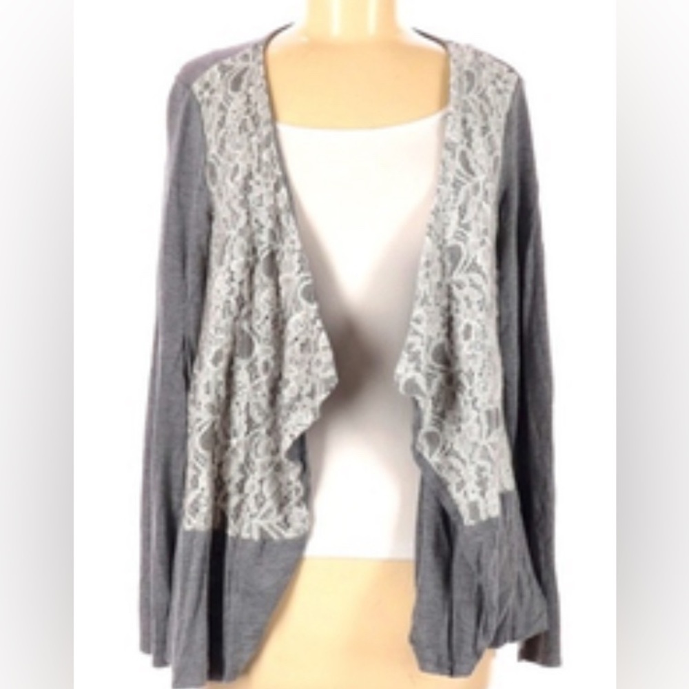 Sunday Womens Gray w/ Lace Open Front Waterfall Cardigan